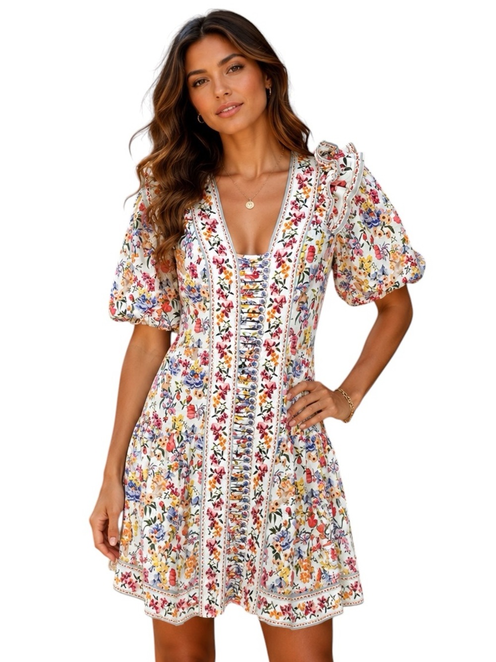 FARM Rio Greek Garden Off-White Floral Puff Sleeve Ruffle Mini Dress Size M